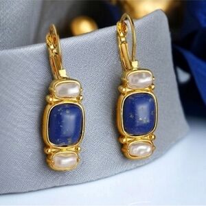 18k Gold Plated Lapis Lazuli Freshwater Pearl Dangle Earrings